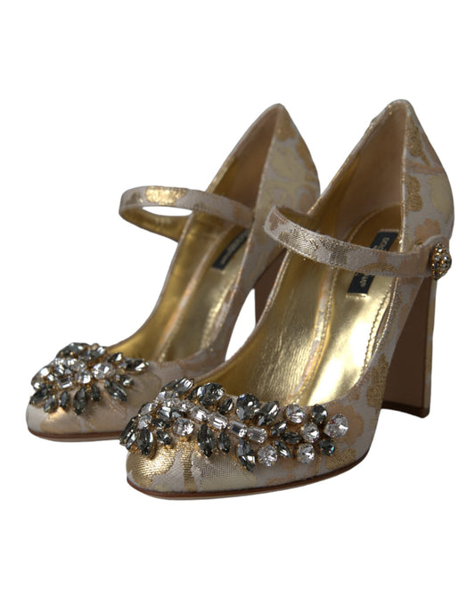 Dolce &amp; Gabbana Guld Jacquard Krystal Mary Janes Pumps Sko