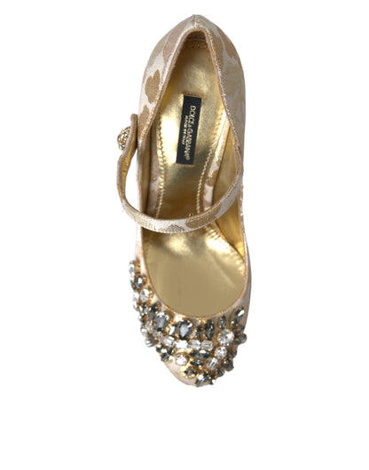 Dolce &amp; Gabbana Guld Jacquard Krystal Mary Janes Pumps Sko