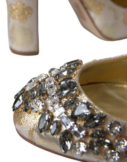 Dolce &amp; Gabbana Guld Jacquard Krystal Mary Janes Pumps Sko