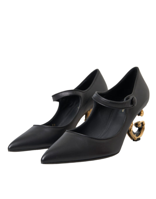 Dolce &amp; Gabbana Sorte Læder Logo Hæle Mary Janes Pumps Sko