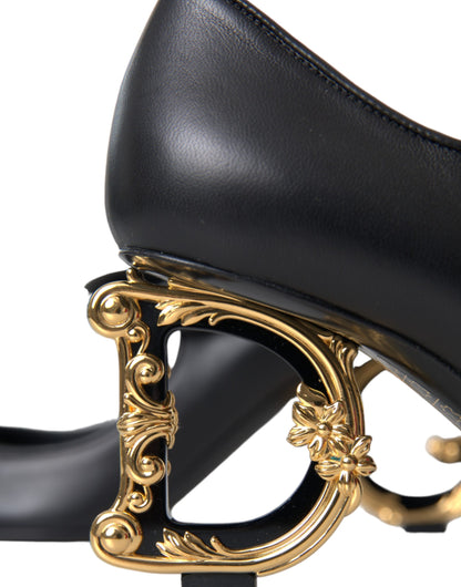 Dolce &amp; Gabbana Sorte Læder Logo Hæle Mary Janes Pumps Sko