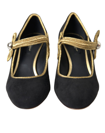 Dolce &amp; Gabbana Sorte Ruskind Guld Mary Janes Hæle Pumps Sko