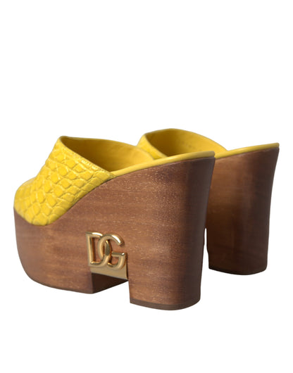 Dolce &amp; Gabbana Gule Læder Træ Mule Wedge Slides Sko