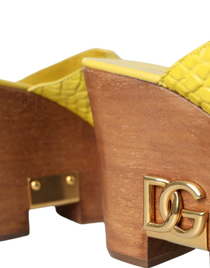 Dolce &amp; Gabbana Gule Læder Træ Mule Wedge Slides Sko