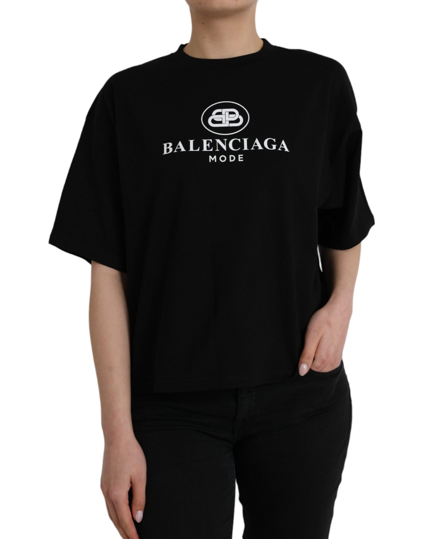 Balenciaga sort bomuldslogo med rund hals med korte ærmer T-shirt