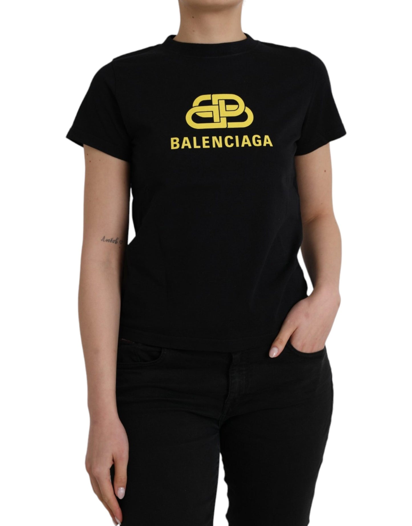 Balenciaga sort bomuldslogoprint med rund hals med korte ærmer T-shirt