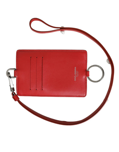 Dolce &amp; Gabbana Rød Kalveskind Læderpung med Lanyard Logo Kortholder