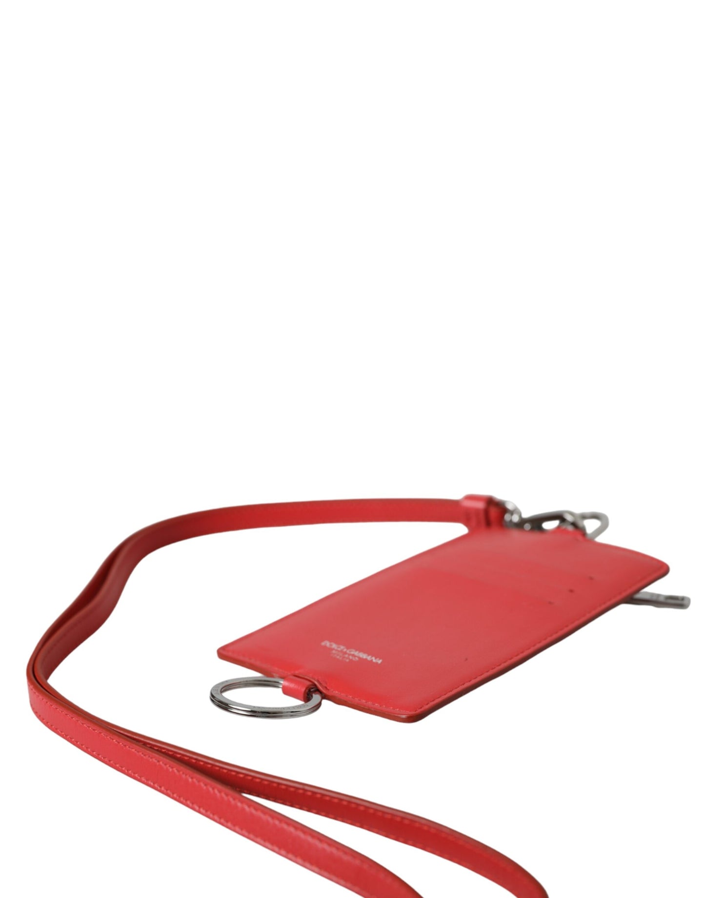 Dolce & Gabbana Red Calfskin Leather Lanyard Logo Card Holder Wallet