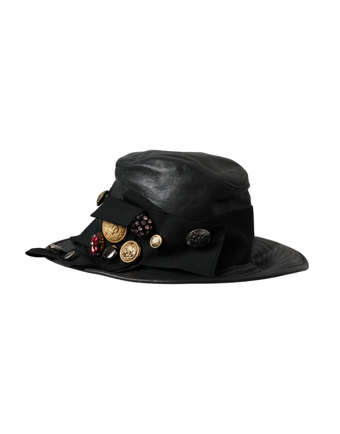 Dolce &amp; Gabbana sort læder DG Coin Crystal Wide Rim Hat