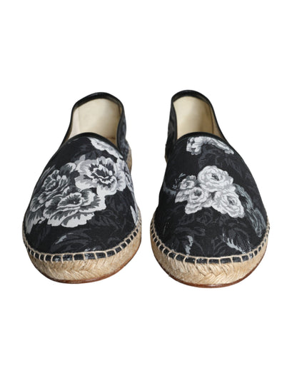 Dolce &amp; Gabbana Black Floral Bomuld Læder Espadrilles Sko