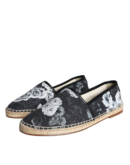 Dolce &amp; Gabbana Black Floral Bomuld Læder Espadrilles Sko