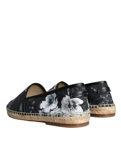 Dolce &amp; Gabbana Black Floral Bomuld Læder Espadrilles Sko