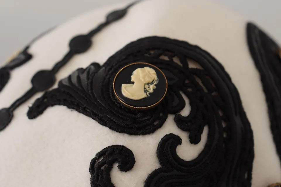 Dolce &amp; Gabbana Hvid Sort Uld Broderet Cameo Broche Hat