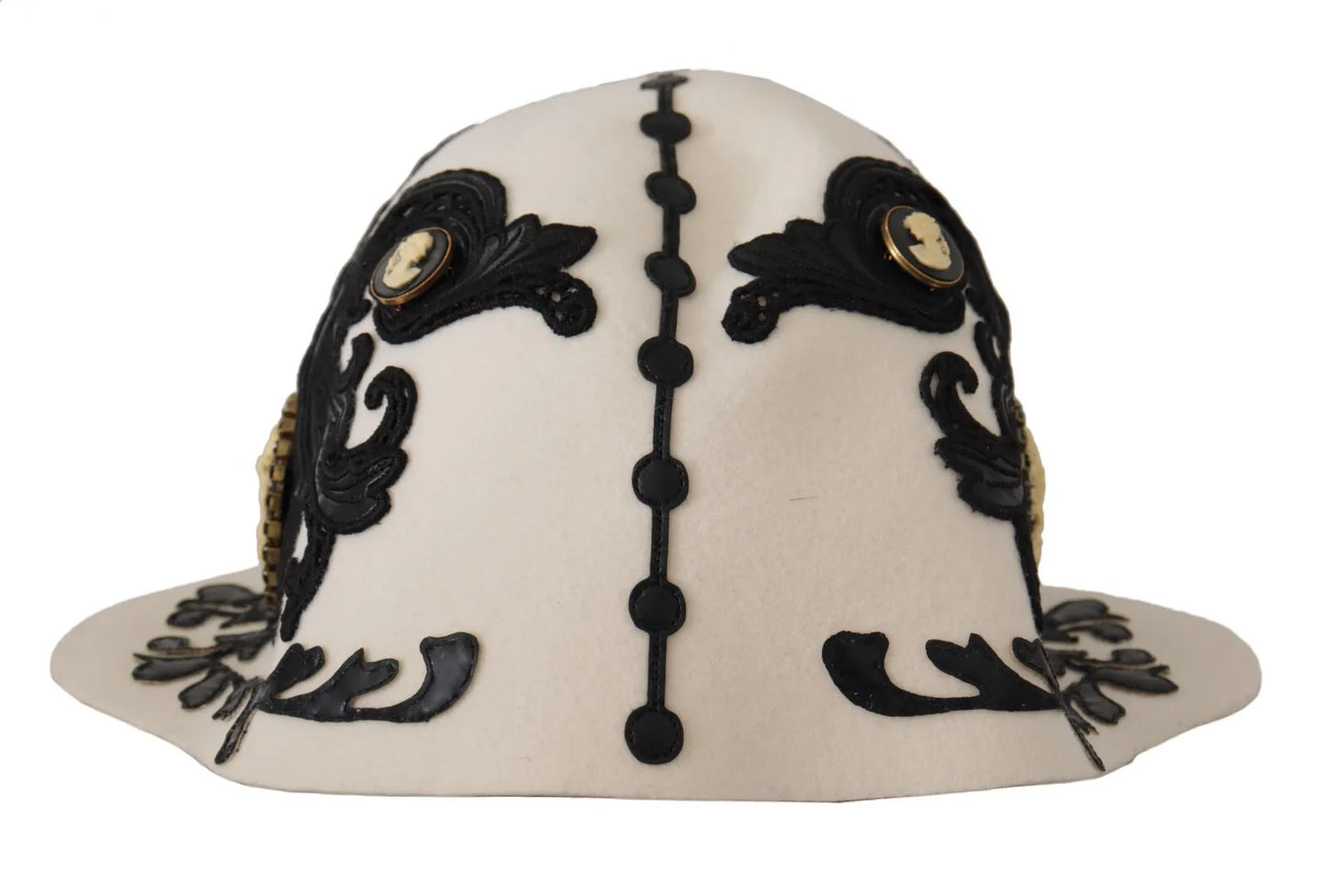 Dolce &amp; Gabbana Hvid Sort Uld Broderet Cameo Broche Hat