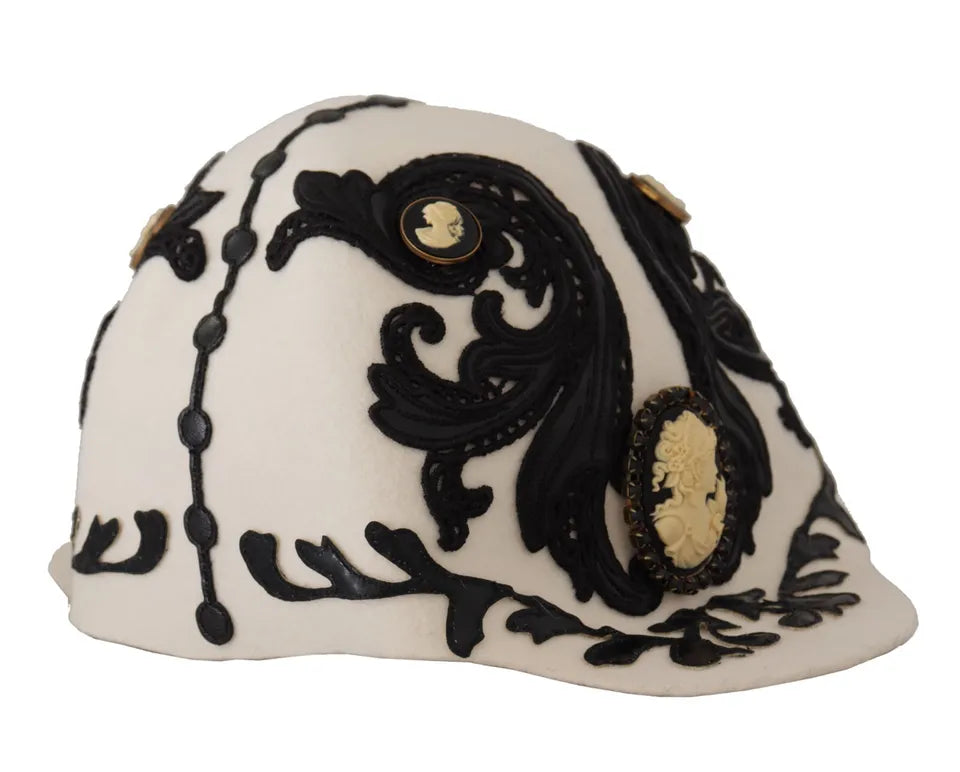 Dolce &amp; Gabbana Hvid Sort Uld Broderet Cameo Broche Hat