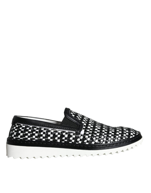 Dolce &amp; Gabbana Sort Hvid Vævet Slip On Mænd Loafers Sko