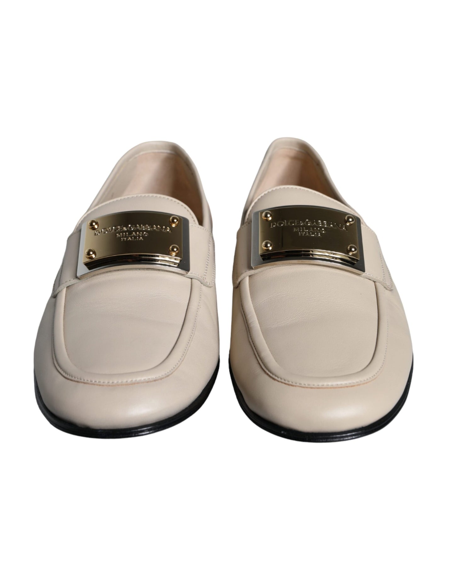 Dolce &amp; Gabbana Beige Læder Logo Plaque Slip On Mænd Loafers Sko