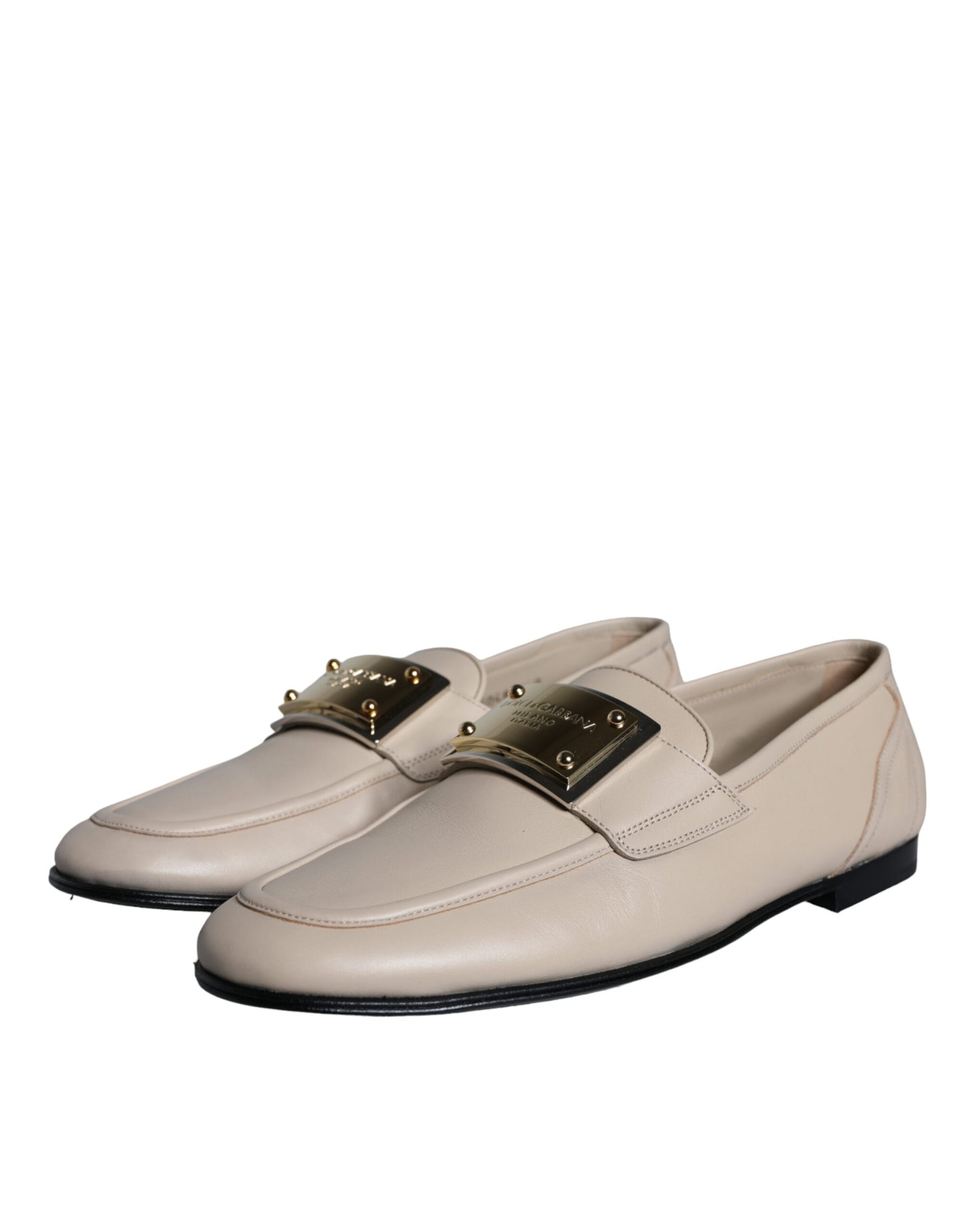 Dolce &amp; Gabbana Beige Læder Logo Plaque Slip On Mænd Loafers Sko