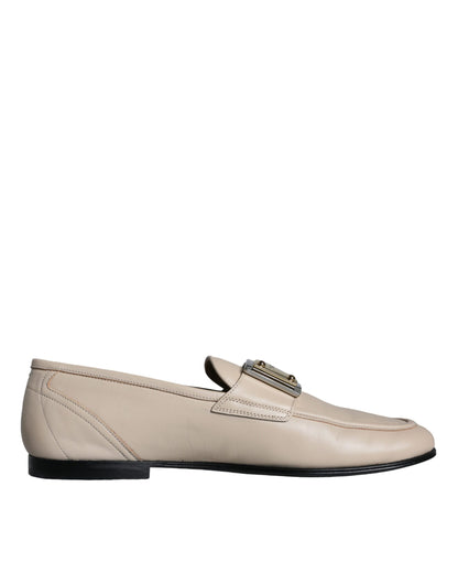 Dolce &amp; Gabbana Beige Læder Logo Plaque Slip On Mænd Loafers Sko