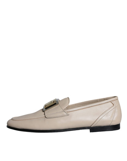 Dolce &amp; Gabbana Beige Læder Logo Plaque Slip On Mænd Loafers Sko