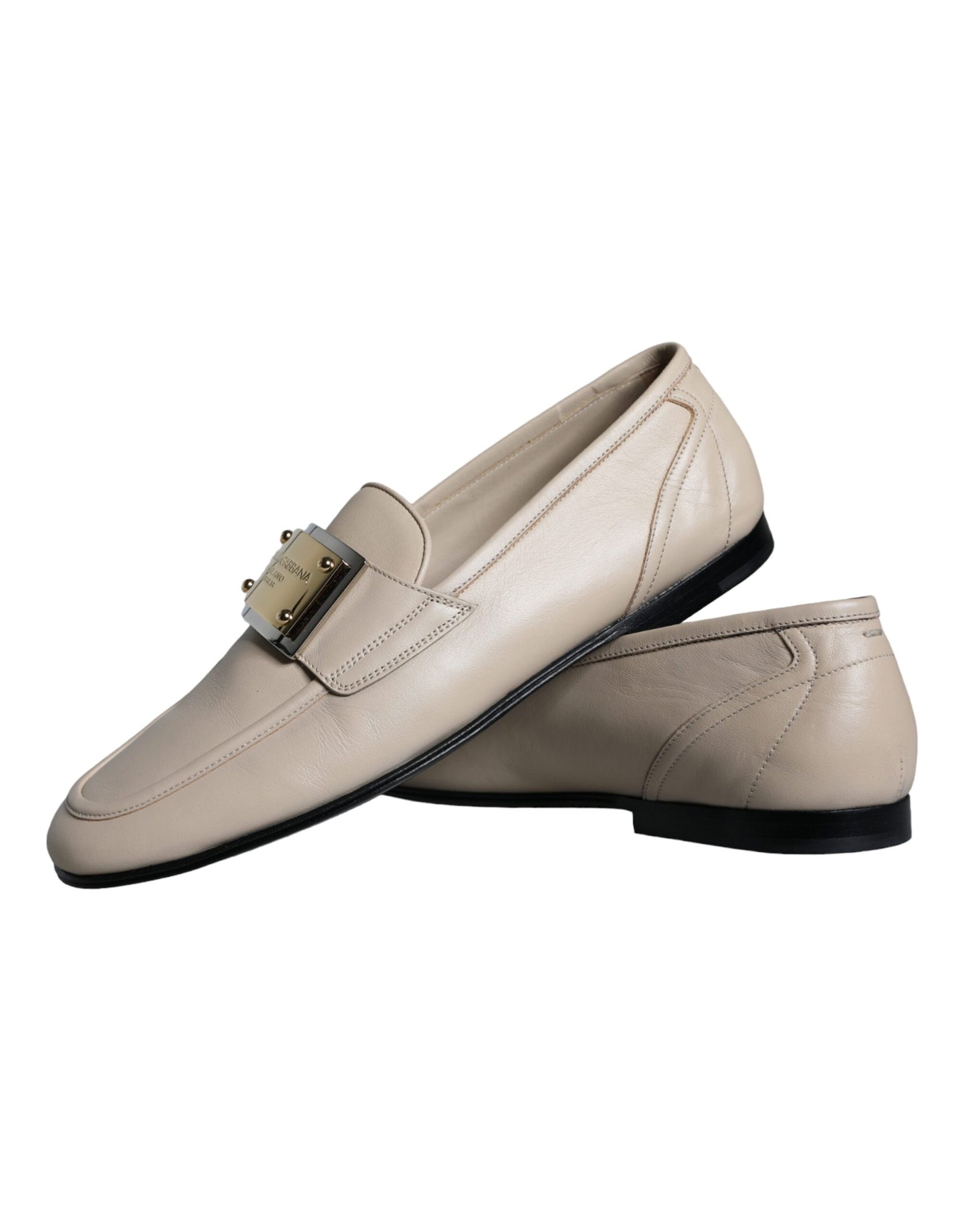 Dolce &amp; Gabbana Beige Læder Logo Plaque Slip On Mænd Loafers Sko