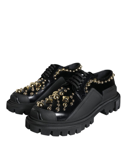 Dolce &amp; Gabbana Sorte Læder Trekking Derby Udsmykkede Sko