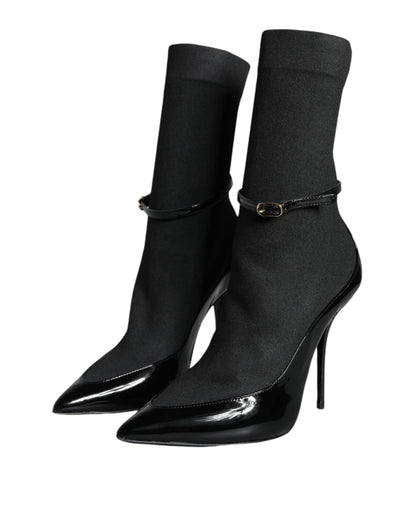 Dolce &amp; Gabbana Sorte Læder Stilettos Støvletter Sokker Sko
