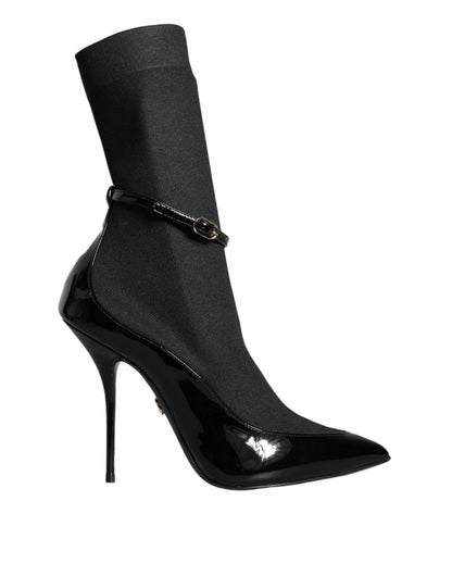 Dolce &amp; Gabbana Sorte Læder Stilettos Støvletter Sokker Sko