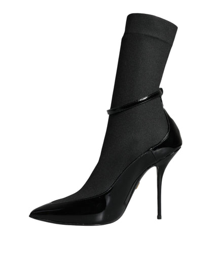 Dolce &amp; Gabbana Sorte Læder Stilettos Støvletter Sokker Sko