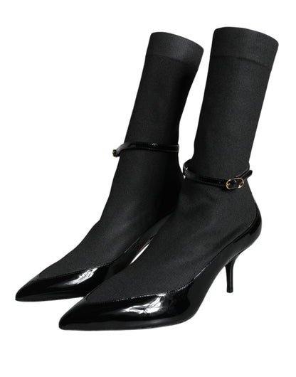 Dolce &amp; Gabbana Sorte Læder Stilettos Støvletter Sokker Sko