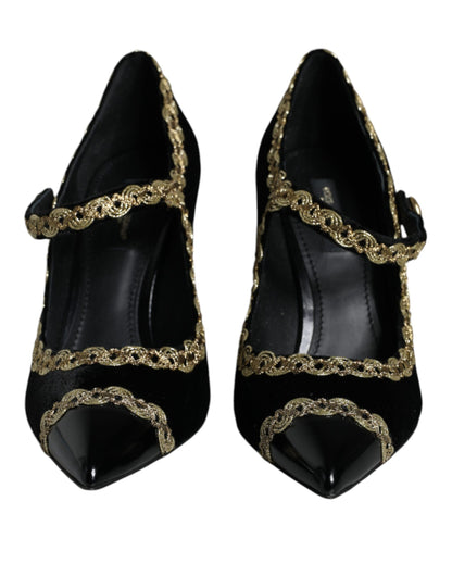 Dolce &amp; Gabbana Sorte Mary Janes Fløjl Guld Pumps Sko