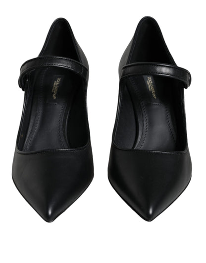 Dolce &amp; Gabbana Sorte Læder Logo Hæle Mary Janes Pumps Sko