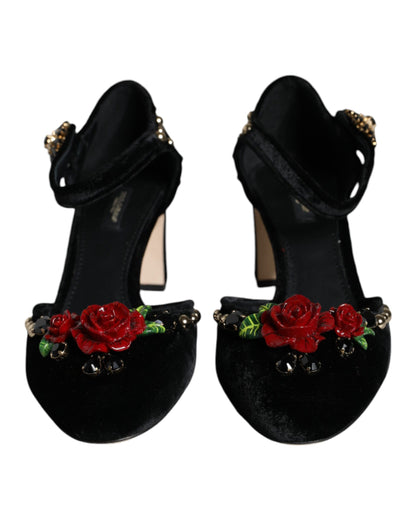 Dolce &amp; Gabbana Sorte Fløjlsrose Pumps Med Ankelrem