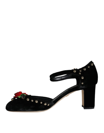 Dolce &amp; Gabbana Sorte Fløjlsrose Pumps Med Ankelrem
