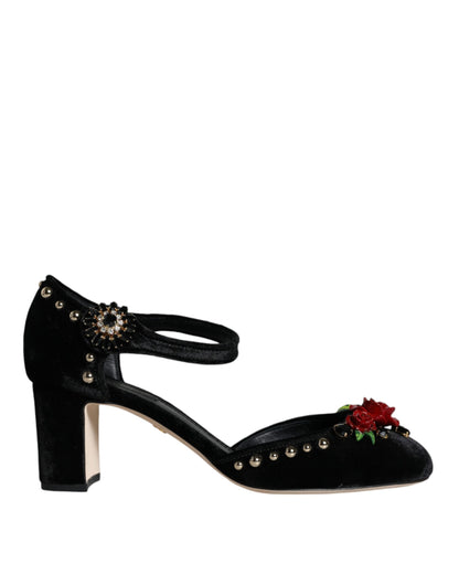Dolce &amp; Gabbana Sorte Fløjlsrose Pumps Med Ankelrem