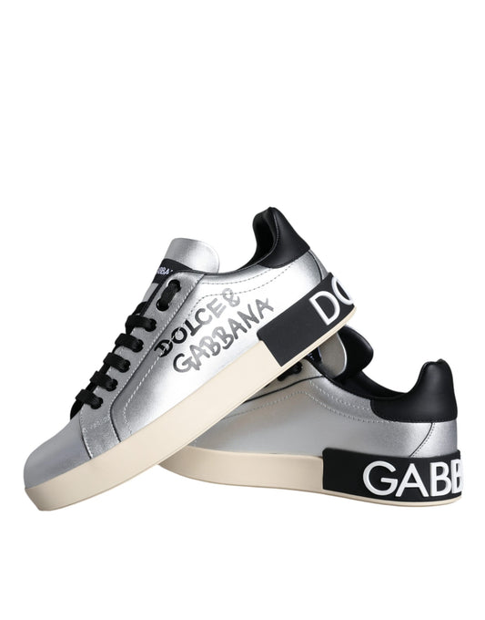 Dolce &amp; Gabbana Sølvfarvede Portofino Sneakers i Kalveskind