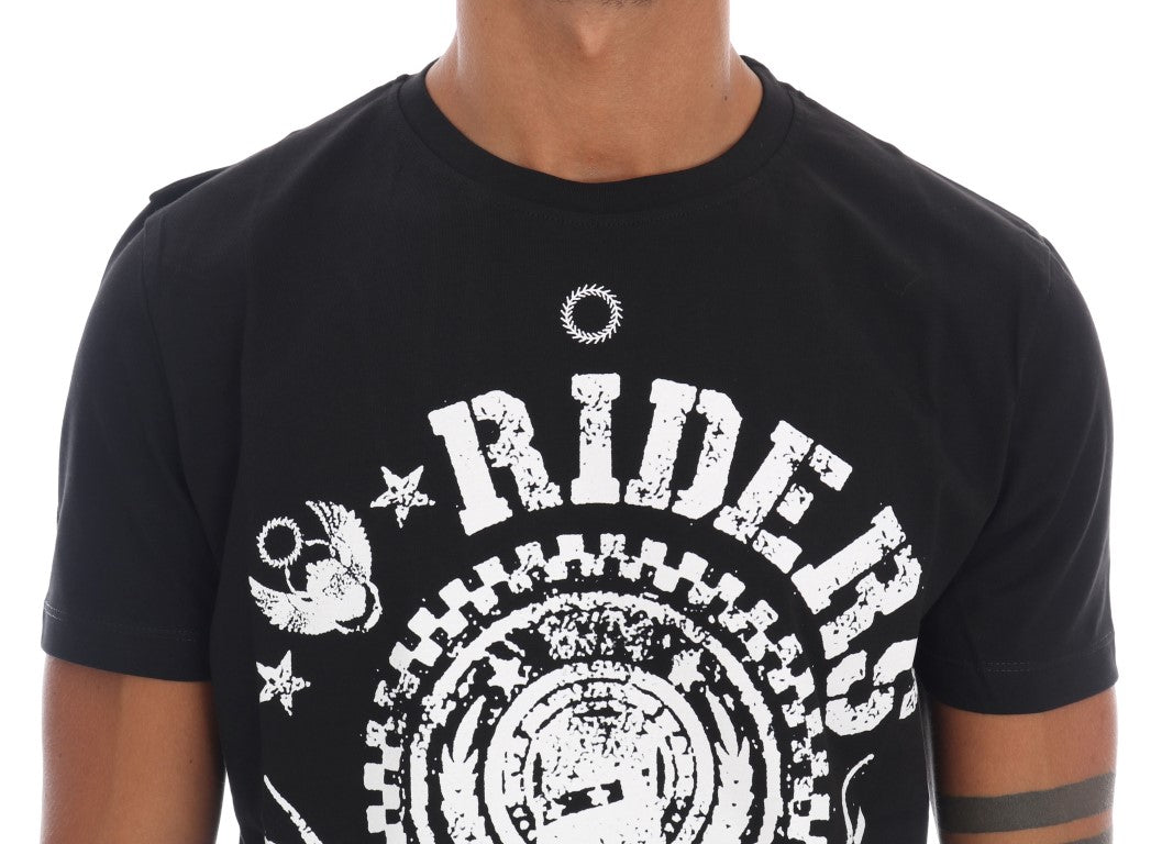 Frankie Morello Chic Black Crewneck Tee med 'RIDERS'-motiv