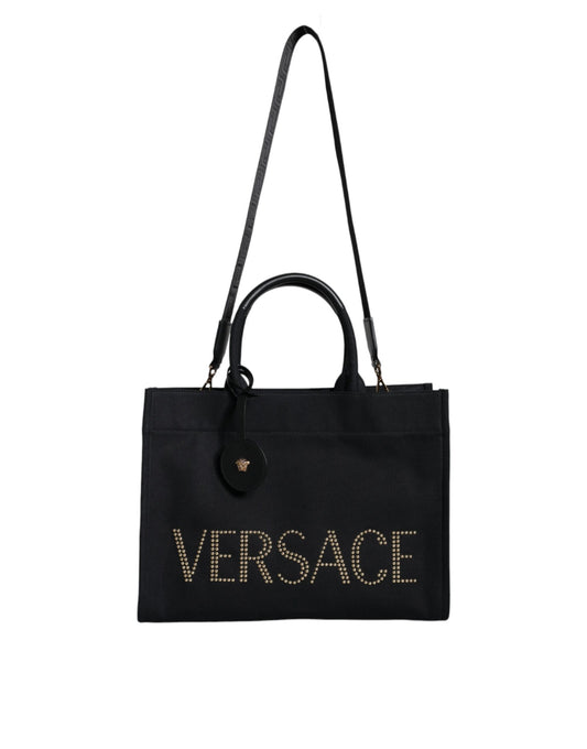 Versace Sort Top Håndtag Canvas Læder Logo Crossbody Tote Bag