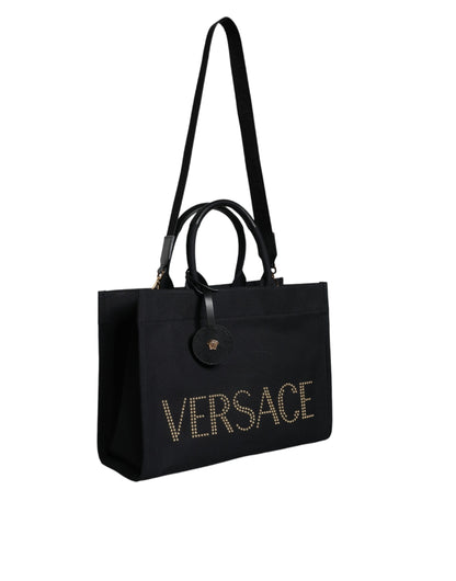 Versace Sort Top Håndtag Canvas Læder Logo Crossbody Tote Bag