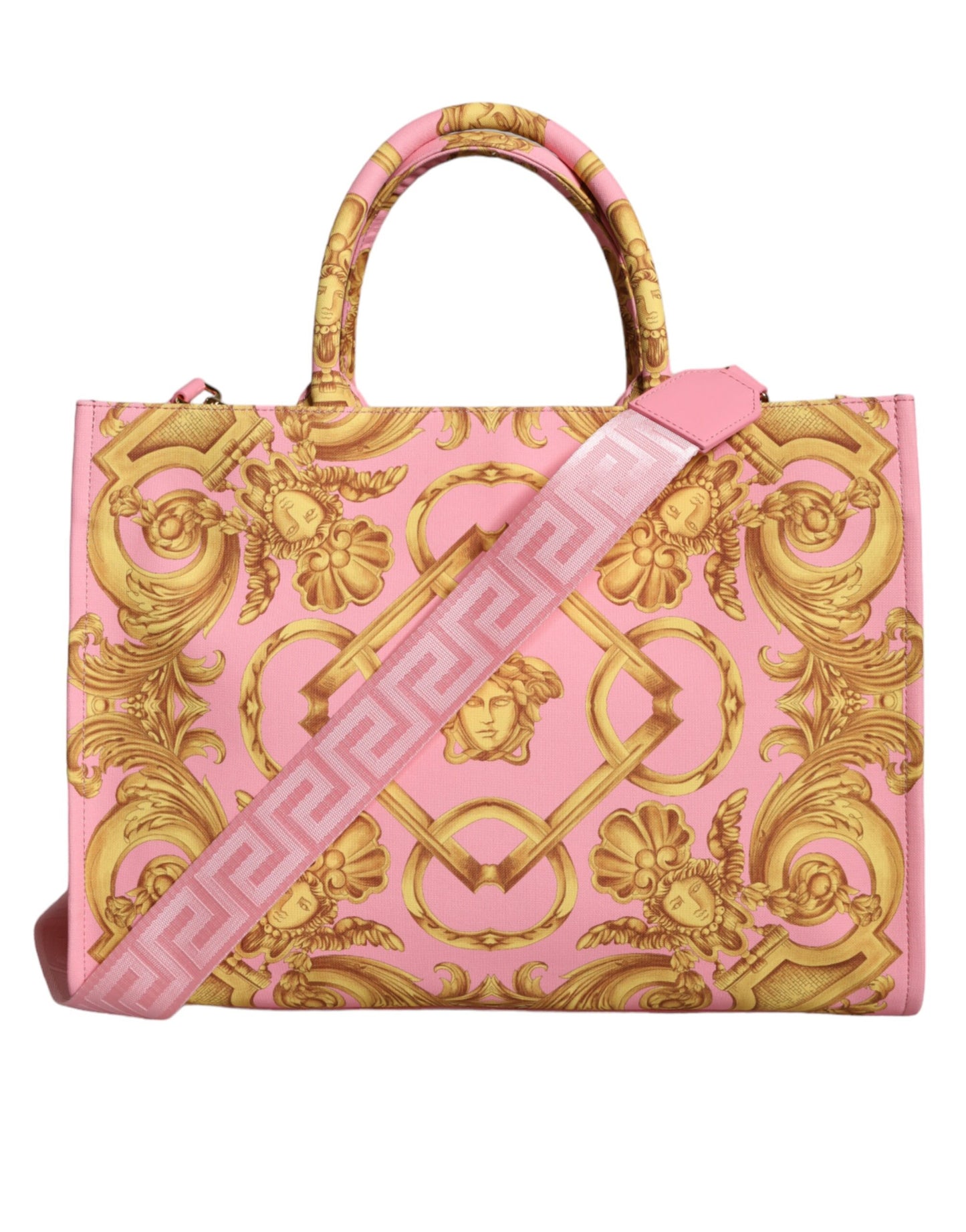 Versace Pink printet stor stof læder shopping mulepose