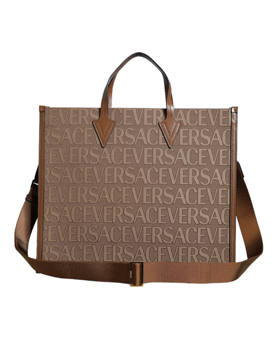 Versace Brown Top Håndtag Jacquard Læder Logo Crossbody Tote Bag