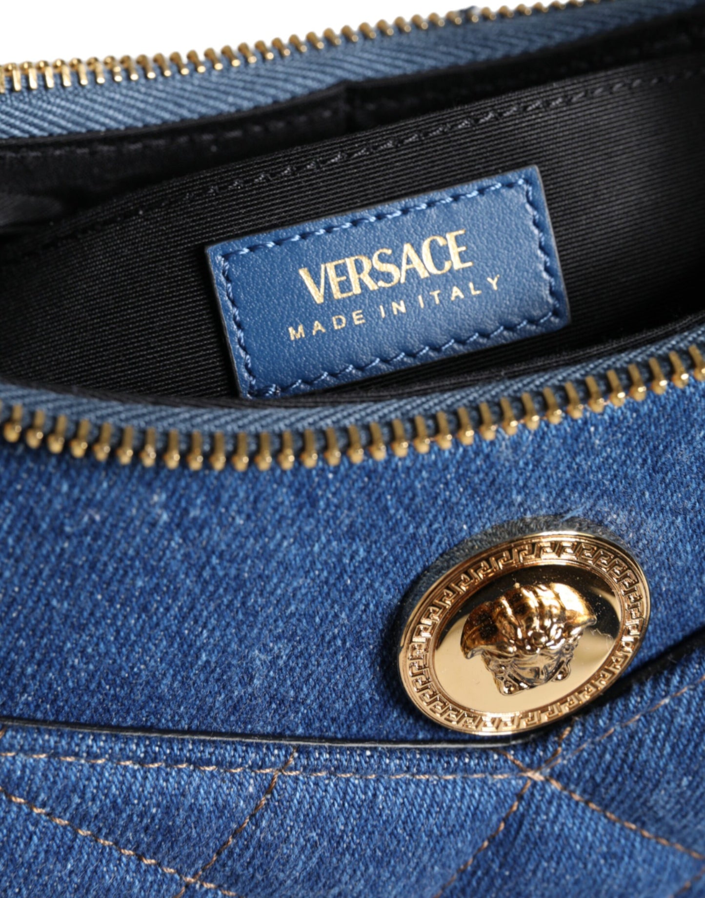 Versace blå quiltet denim læder skuldertaske med tophåndtag