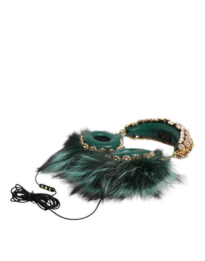 Dolce &amp; Gabbana Grønguld Krystal Fur Headset Audio AUX hovedtelefoner