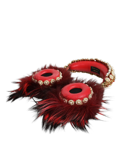 Dolce &amp; Gabbana Red Gold Crystal Fur Headset Audio AUX hovedtelefoner