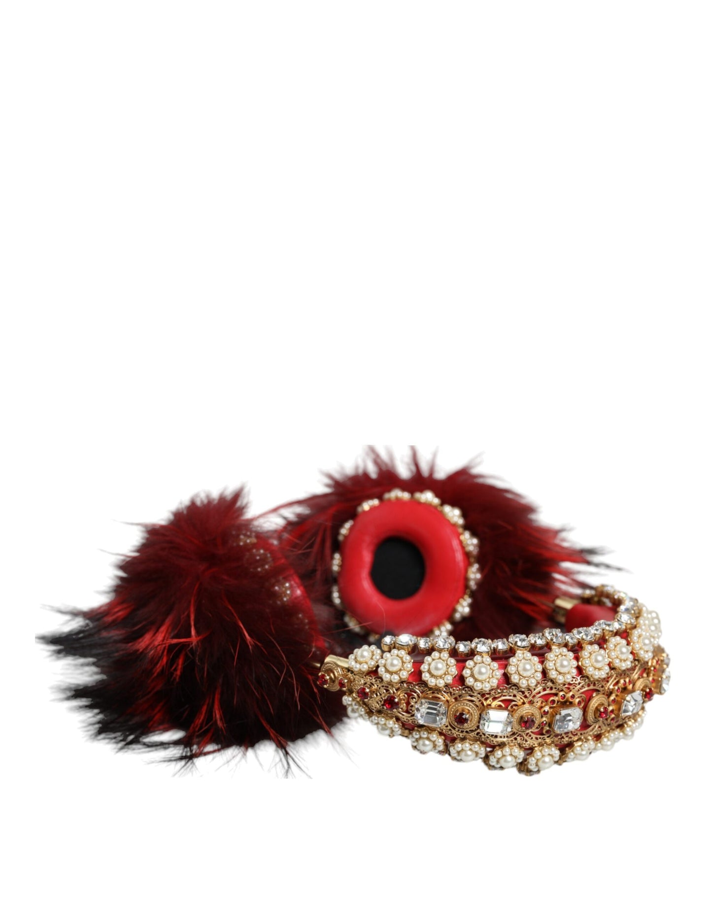 Dolce &amp; Gabbana Red Gold Crystal Fur Headset Audio AUX hovedtelefoner