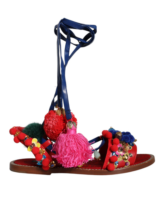 Dolce &amp; Gabbana Flerfarvede Pom Pom Pels Wrap Sandaler Sko