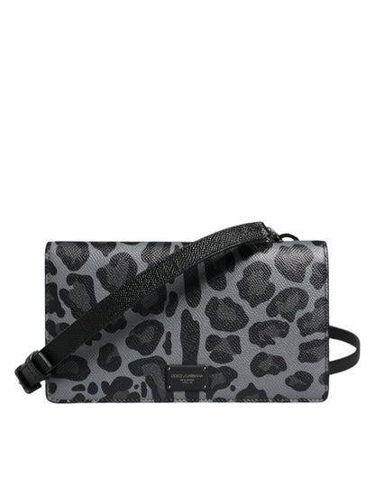 Dolce &amp; Gabbana Sort Grå Leopard Læder Bifold Crossbody Taske med Kortholder