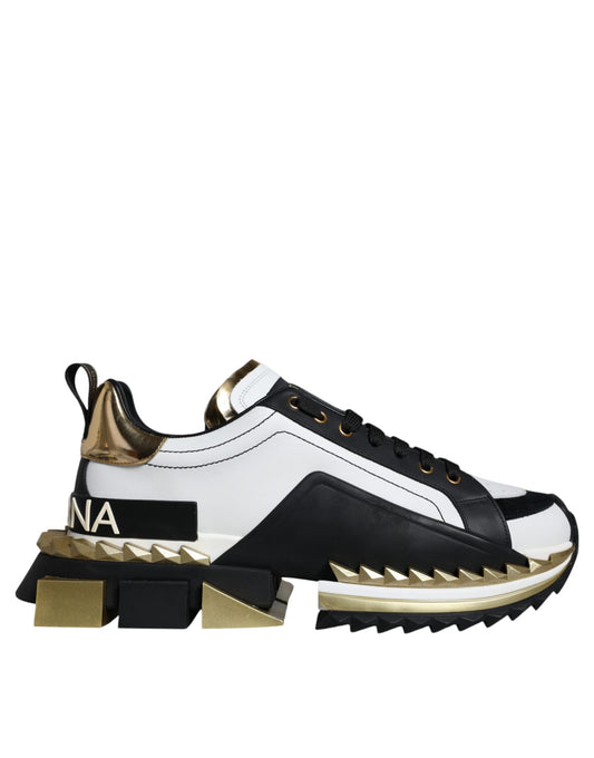 Dolce &amp; Gabbana Hvidguld Sort Læder SUPER KING Sneakers Sko