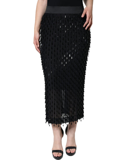 Dolce &amp; Gabbana Sort Udsmykket Midinederdel med Blyantssnit