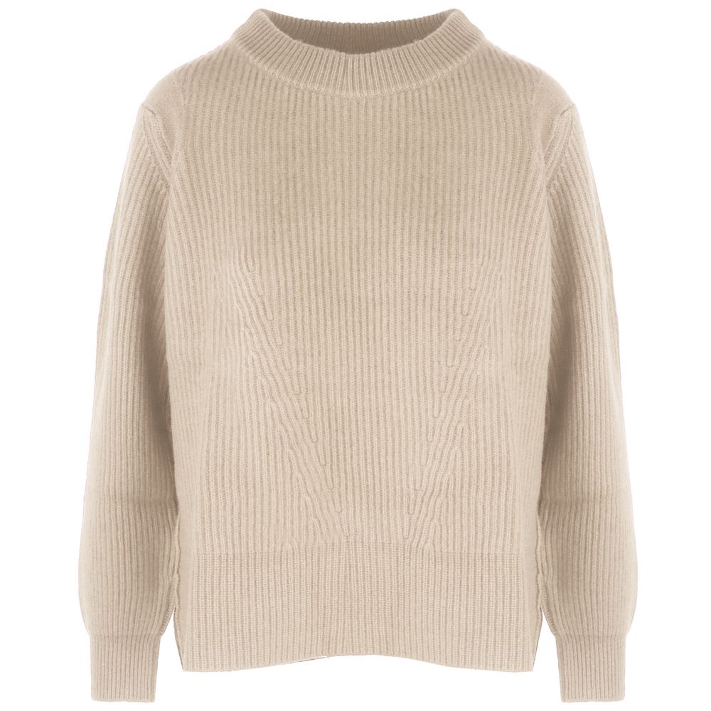 Malo Beige Cashmere Women Sweater with Ribbed Embroidery